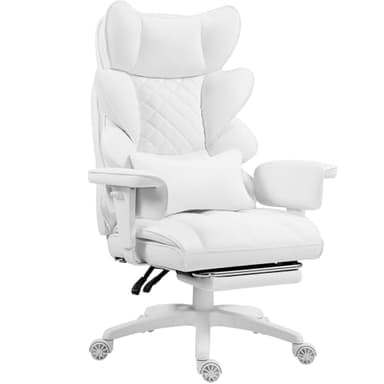 Dowinx Big and Tall Office Chair with Pocket Spring Cushion,High Back Computer Gaming Chairs with Adjustable Armrests and Lumbar Support,Executive Desk Chairs with Footrest(PU Leather,White)