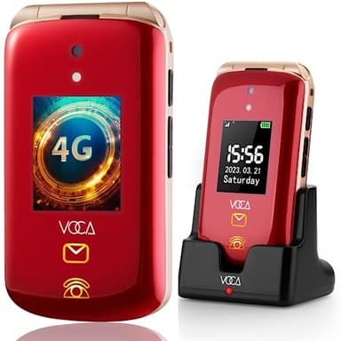 VOCA Big Button flip Phone for Seniors, Dual Screen, 4G, Loud Sound, SOS Button, Hearing aid Compatibility, Charging Station, Text Prediction, V543 (Red)