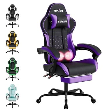 SUKIDA Gaming Chair with Massage Lumbar Support & Recline, Ergonomic High Back Computer Chair with Adjustable Headrest, Swivel Desk Gamer Chair for Adults(BlackPurple)