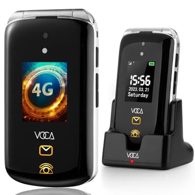 VOCA Big Button Flip Phone for Elderly | Dual Screen | Unlocked 4G LTE | Loud Volume | SOS Button | Hearing Aid Compatibility | Charging Dock | Predictive Text | V543 Black