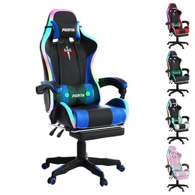 PORIYA Gaming Chair with Adjustable Backrest, Ergonomic Executive Office Chair, Height Adjustable Racing Chair Maximum Gaming Experience (Blue Massage&LED)