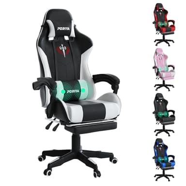 PORIYA Gaming Chair with Adjustable Backrest, Ergonomic Executive Office Chair, Height Adjustable Racing Chair Maximum Gaming Experience (White with Massage)
