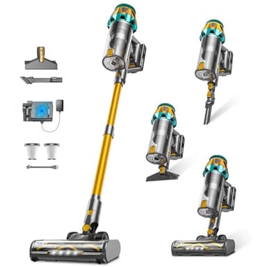 Cordless Vacuum Cleaner, 600W/58Kpa Self-Standing Stick Vacuum with Anti-Tangle Brush for Pet Hair, Lightweight Rechargeable Vacuum for Home, Hardwood Floors & Carpets, Gold