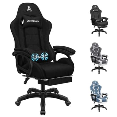 ALFORDSON Gaming Chair with Massage and 150° Recline, Ergonomic Executive Office Chair Linen Fabric with Footrest, Height Adjustable Racing Chair with Gas Lift, Max 180kg (Xavier Fabric Dark Black)