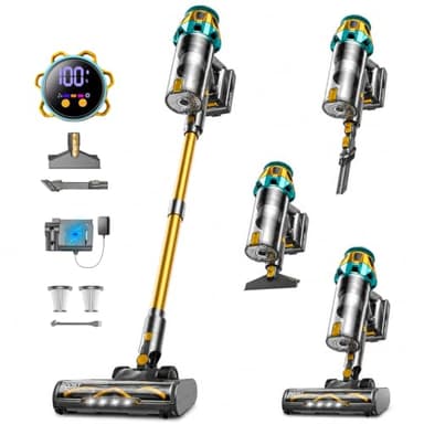 Cordless Vacuum Cleaner, 600W/58Kpa Self-Standing Stick Vacuum with Anti-Tangle Brush for Pet Hair, Lightweight Rechargeable Vacuum for Home, Hardwood Floors & Carpets, Gold