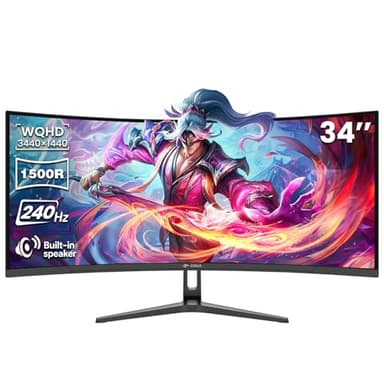 CRUA 34 Inch Curved Gaming Monitor, WQHD 3440x1440 240Hz Ultrawide Monitor, 21:9 1500R VA Computer Monitor, 120% sRGB, 300 Nits, FreeSync, Built-in Speakers, HDMI DP, Wall Mountable, Black