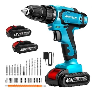 VINNYSEN 48V Cordless Drill Set, Electric Drill Set with Battery and Fast Charger, 27pcs Drill/Driver Bits, 2Variable Speed, 3/8" Keyless Chuck, 25+1 Position, Portable Drill Kit for DIY&Home (Blue)
