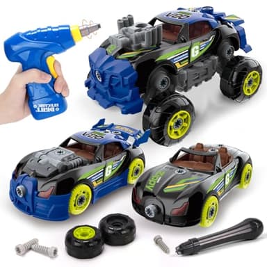 REMOKING 3 in 1 Car Toys for Kids, Take Apart Racing Car with Electric Screwdriver Tool,Light,Sounds,Construction Set STEM Building Learning Game for 3+ Year Old Boys and Girls
